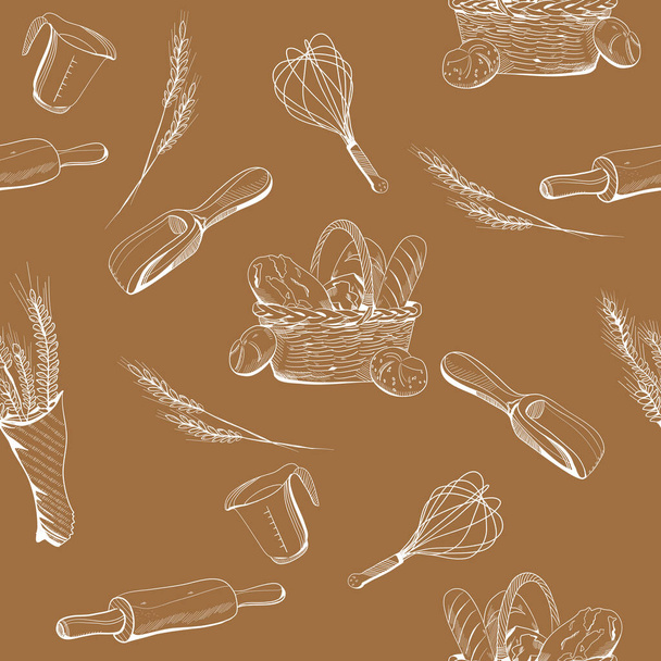 Bread and bakery seamless pattern in engraving style.Ears of wheat and a wicker basket with buns,french loaves,baguette.Menu decoration,farmers market.Equipment for cooking.Bundle of Pastry sketches - Vektör, Görsel