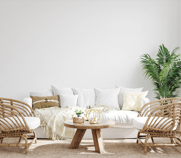 Білий затишний інтер'єр вітальні, прибережний стиль Бохо, 3d візуалізація
 - Фото, зображення