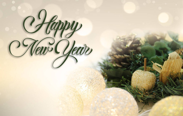 new year postcard tree Christmas balls glowing garland - Foto, imagen