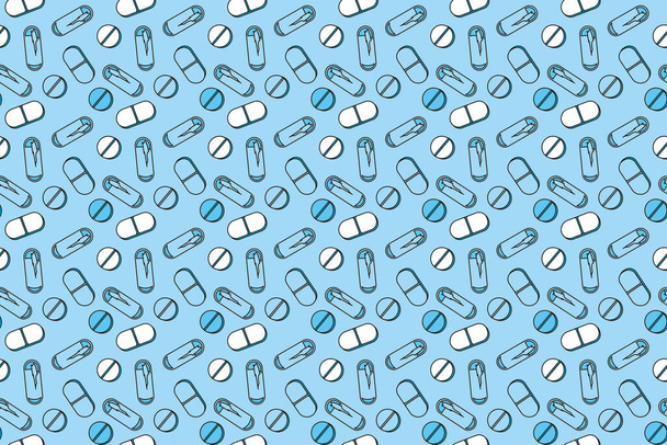 青い背景に異なる形状の丸薬とカプセル。シームレスなベクトルパターン - ベクター画像