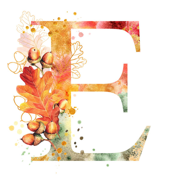 Fall Watercolor Letter E. Watercolor Autumn Alphabet. Monogram E with autumn oak leaves & acorns. Golden silhouettes, colorful spots. Perfect for wedding invites decoration, baby shower, birthdays etc - Fotografie, Obrázek