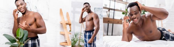 Collage of Shirtless african american man smiling while talking on smartphone in bedroom, banner  - Fotoğraf, Görsel
