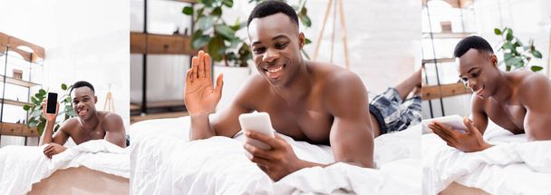 Collage d'un homme afro-américain souriant utilisant une tablette numérique et un smartphone avec un écran vide sur le lit, une bannière  - Photo, image