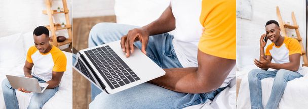Зв'язок веселого афро-американського чоловіка за допомогою ноутбука і розмови на смартфоні в спальні, банер  - Фото, зображення