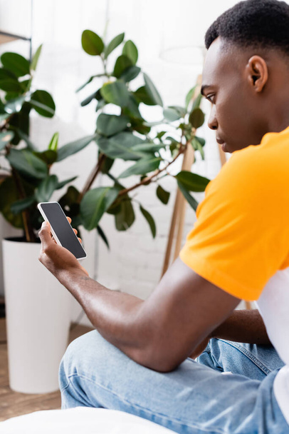 Smartphone with blank screen in hand of african american man at home  - Foto, immagini