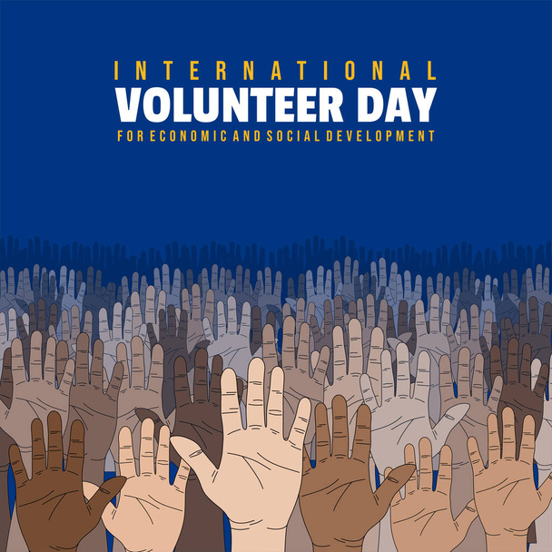 Διεθνής Ημέρα Εθελοντών για την Οικονομική και Κοινωνική Ανάπτυξη σχεδιασμός με τα χέρια ψηλά διανυσματική απεικόνιση. Καλό πρότυπο για τον εθελοντικό σχεδιασμό. - Διάνυσμα, εικόνα
