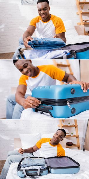 Collage de hombre americano africano alegre sentado cerca de la maleta con ropa en la cama - Foto, Imagen