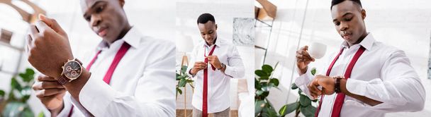 Collage de hombre de negocios afroamericano sosteniendo taza de café, usando corbata y reloj de pulsera en casa, bandera  - Foto, Imagen
