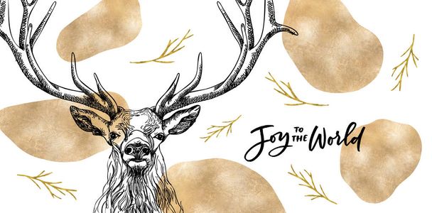 Elegante tarjeta de Navidad dorada con ciervos majestuosos dibujados a mano con astas grandes. - Foto, Imagen