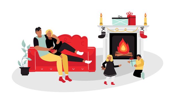 Rodina odpočívá doma s kakaem u krbu. Nový rok atmosféra ilustrace - Vektor, obrázek