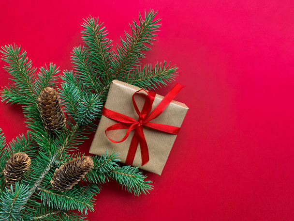 Winter holiday top view copy space red background. Flat lay with spruce branches, pine cones and gift box wrapped with craft paper and red ribbon. - Fotografie, Obrázek