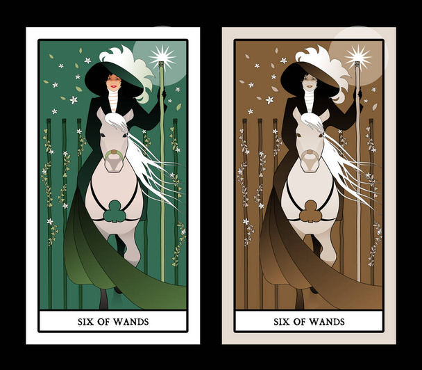 Sechs Stäbe. Tarotkarten. Elegante Dame zu Pferd, die einen Zauberstab mit einem leuchtenden Stern in der Hand hält und von fünf Stäben flankiert wird, die von Blumen und Blättern umgeben sind - Vektor, Bild