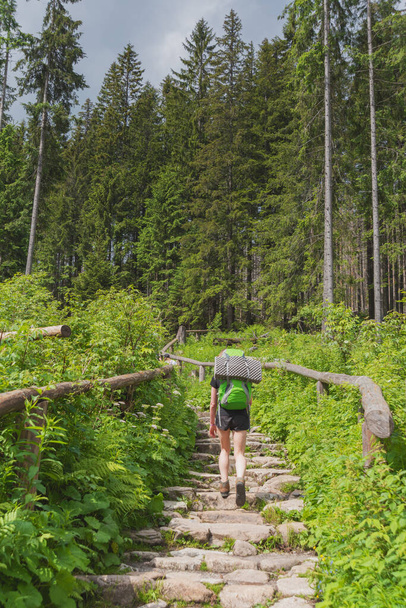 verano en los Altos Tatras polacos con una chica turística caminando cerca de los lagos de montaña. - Foto, imagen