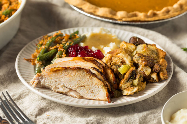 Homemade Thanksgiving Turkey Plate with Cranberry Stuffing Potatoes and Beans - Foto, afbeelding