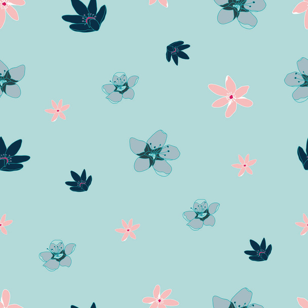 Colorful blossoming flowers seamless pattern sky blue print - Vector, Image
