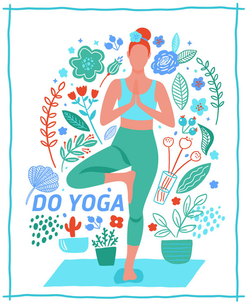 Women exercising yoga flat color trend vector card. Do yoga meditation practice cartoon style. Exercise workout background. Healthy lifestyle morning fitness activities pictures. - Вектор, зображення