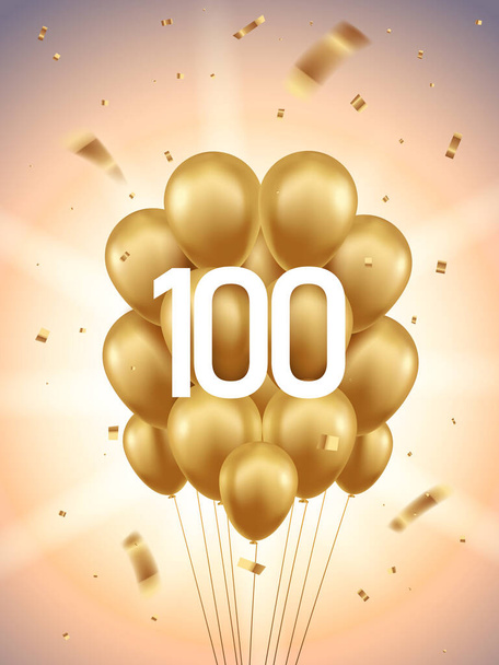 100 jaar jubileum viering achtergrond. Gouden ballonnen en confetti met zonnestralen op de achtergrond. - Vector, afbeelding