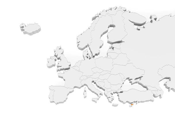Mapa Europy 3D z zaznaczonymi granicami - obszar Cypru oznaczony flagą Cypru - odizolowana na białym tle z miejscem na tekst - ilustracja 3D - Zdjęcie, obraz