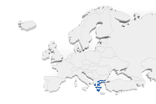 3D Európa térkép jelölt határokkal - Kréta szigetének területe Kréta szigetének zászlóval jelölve - fehér alapon elszigetelt, szöveges háttérrel - 3D illusztráció - Fotó, kép