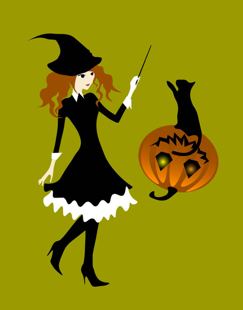 Halloween illustration. Witch girl picks up the pumpkin and the cat by the magic - Vector, Image