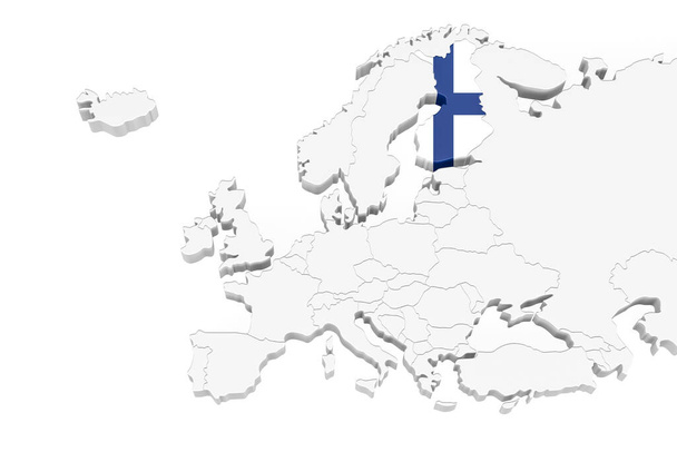 3D-Europakarte mit markierten Grenzen - Gebiet Finnlands mit Finnland-Flagge gekennzeichnet - isoliert auf weißem Hintergrund mit Platz für Text - 3D-Illustration - Foto, Bild