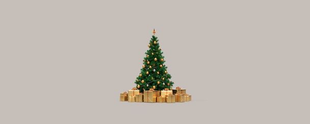 albero di Natale con regali su sfondo bianco rendering 3D - Foto, immagini