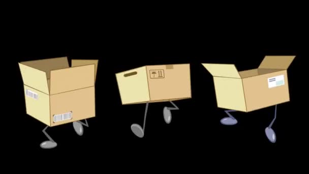 Hardloopboxen.Drie ronddraaiende animaties van de hardloopcartoon dozen. Vooraanzicht. 00: 01 sec.length. - Video