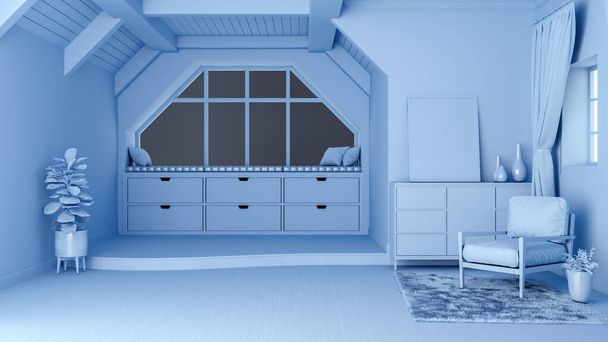 Azul concepto monótono salón interior con espacio abierto y piso de dos niveles, 3d renderizado - Foto, Imagen
