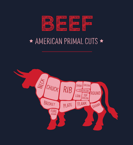 Vector illustratie van Amerikaanse oer-rundvleesdeelschema, Amerikaanse regeling voor slagerij - Vector, afbeelding