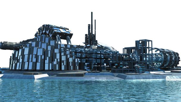 Силуэт "Марина Сити" с футуристической архитектурой и металлическими структурами для научной фантастики, с прокладкой профиля, включенной в трехмерную иллюстрацию. - Фото, изображение