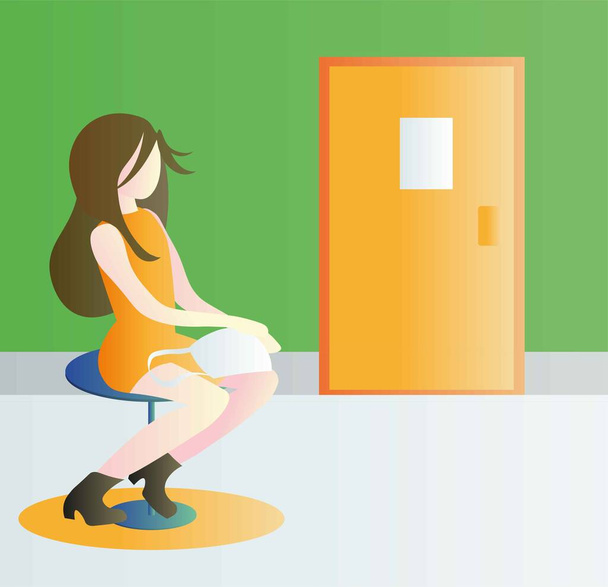 色気のある服を着た誘惑的な女が面接を待っている。女性のスツールオフィスのドアの横に座っている。彼女の服はちょっと不適切だ。明るいオレンジのドレス、黒のブーツとハンドバッグ. - ベクター画像