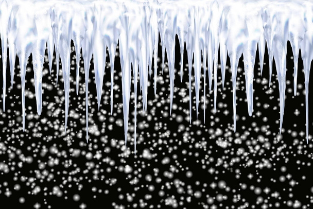Set van besneeuwde ijspegels en caps op winterachtergrond. Winter seizoensgebonden decoraties. Vallende witte pluizige sneeuw.Vector template in realistische stijl. - Vector, afbeelding