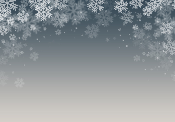 雪の背景。焦点を絞ったフレークでグレーのクリスマスの雪。雪が降る冬のコンセプト。休日の食感と白い雪片. - 写真・画像
