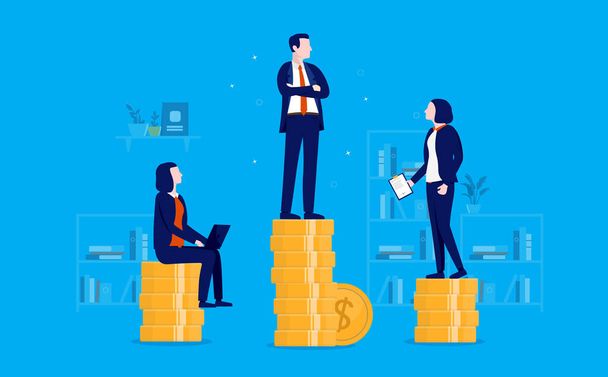 Unequal pay for equal work - Man earning more money than the women, standing on coin stack of different hight. Gender treatment, sexism, discrimination and inequality concept. Vector illustration. - Vector, Image