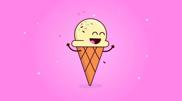 Happy ice cream cone - Funny and cute character, smiling and cheering with raised hands on pink background. Vector illustration. - Wektor, obraz