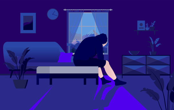 Depressed and alone at home - Sad man sitting in dark living room and crying in front of window, cant sleep, feeling down. Mental illness, sleep problems, regret and insomnia concept. Vector. - Vector, Image