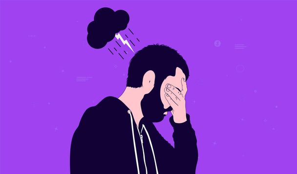 Depressão masculina - Homem e nuvem escura sobre sua cabeça com chuva e trovoada. A segurar o rosto a sentir-se doente e deprimido. Conceito de saúde mental e problemas. Ilustração vetorial. - Vetor, Imagem