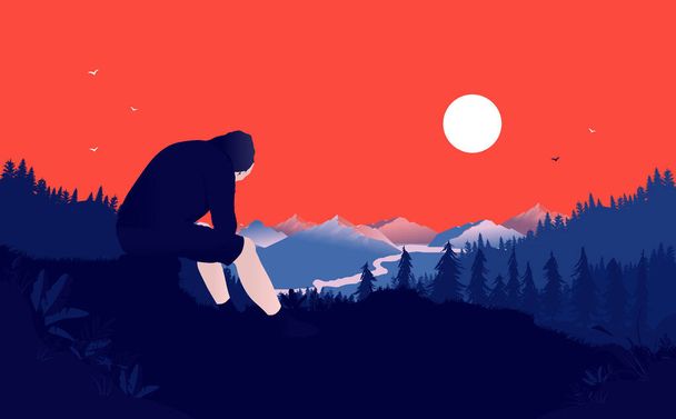 Depressed teen sitting alone in nature with red sky and view of valley. Millennial depression, mental health and escape from everything concept. Vector illustration. - Wektor, obraz