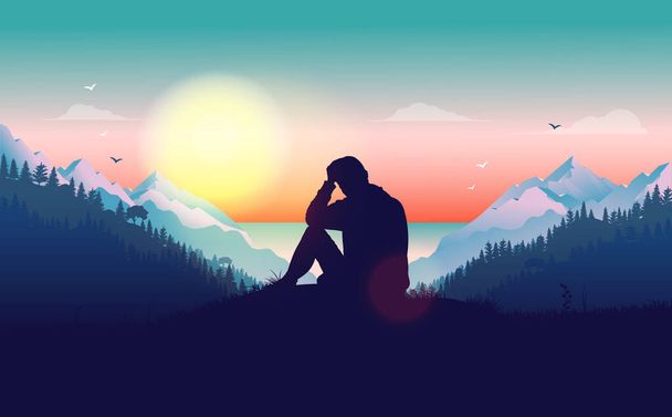 Ajattelu ulkona - Siluetti surullisen näköinen mies kukkulan laella katsomassa auringonnousua kauniissa maisemassa. Emotionaalinen, masennus, mietteliäs ja mielenterveyden käsite. Vektoriesimerkki. - Vektori, kuva
