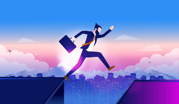 Taking risk in business and career - Brave person jumping over rooftops, high up with cityscape in background. Risky leap, courage, bravery and overcome obstacle concept. Vector illustration. - Vector, Image