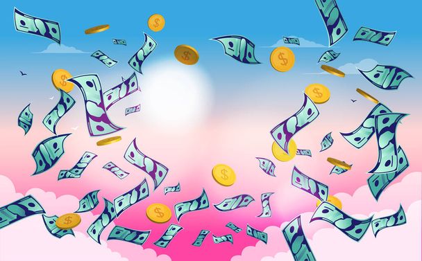 Money falling from the sky - Dollar bills and coins blowing in the wind with clouds and sun in background. Pennies from heaven, easy money, wealth and rich concept. Vector illustration.  - Vetor, Imagem