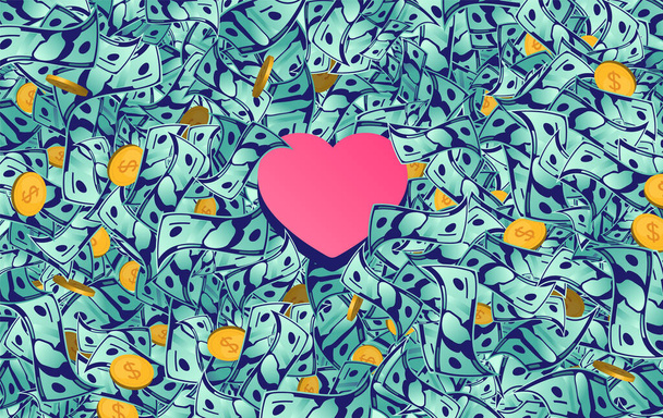 Liefde geld - Rode hart vorm liggend in een stapel geld. Kapitalisme concept. Vectorillustratie. - Vector, afbeelding