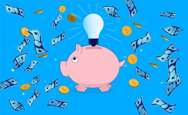 Χρήματα κάνοντας ιδέα - Piggybank με λάμπα ιδέα πάνω από το κεφάλι και τα χρήματα που πέφτουν από τον ουρανό. Πώς να κάνει τα χρήματα, επιχειρηματική ιδέα και την έννοια της προσωπικής χρηματοδότησης. Εικονογράφηση διανύσματος. - Διάνυσμα, εικόνα