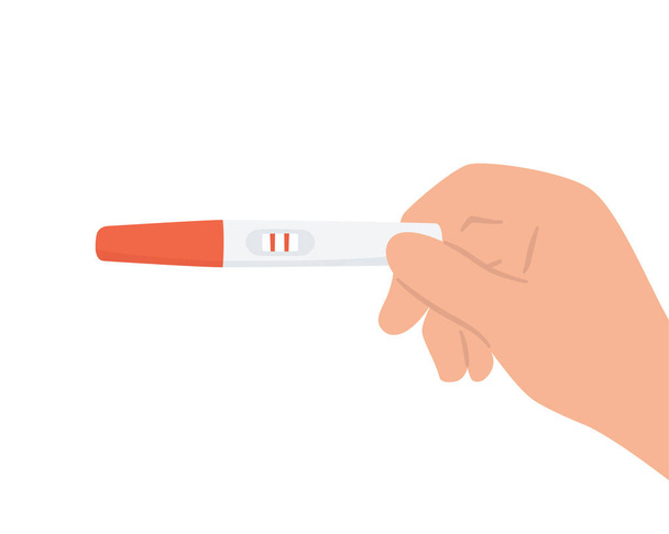 Terhességi teszt két piros csíkkal a kezében. Pozitív eredmény. Ellenőrzöm a terhességi tesztet. Lapos vektor illusztráció - Vektor, kép
