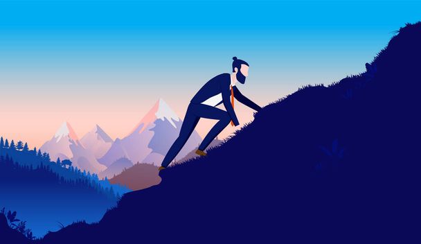 Businessman challenge - Man climbing lentamente su una collina impegnativa per arrivare in cima e raggiungere il successo. Lotta di carriera, ambizioni di business e mai rinunciare concetto. Illustrazione vettoriale. - Vettoriali, immagini