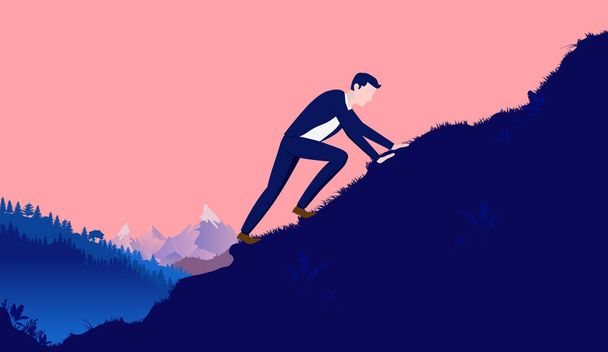 Klim naar succes - De mens werkt hard en klimt naar de top van de heuvel met berg en bos op de achtergrond. Overwin tegenslag, Carrière en persoonlijke doelen concept. Vectorillustratie. - Vector, afbeelding