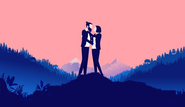 Αγάπη - Δύο άνθρωποι σε μια σχέση που δείχνει αγάπη μόνο στην κορυφή του λόφου, τοπίο, δάσος και βουνά στο παρασκήνιο. Πρόταση, στην αγάπη, ρομαντική και ελευθερία έννοια. - Διάνυσμα, εικόνα