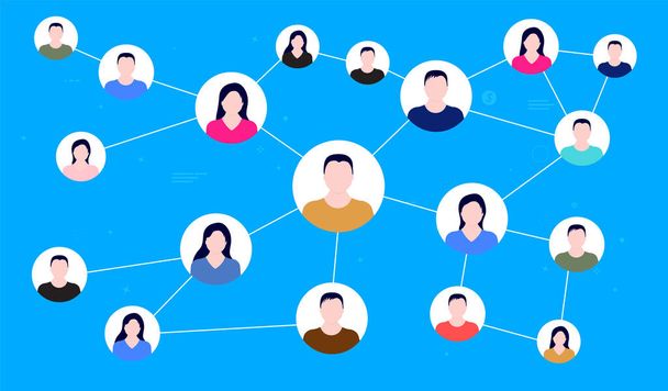 ソーシャルネットワーク接続-青の背景の線に接続されている人々のアバター。ビジネス接続、ソーシャルメディアとテクノロジーの概念。ベクターイラスト. - ベクター画像