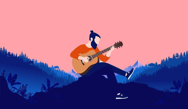 Énekes dalszerző a vadonban - Férfi személy gitárral ül a dombtetőn a szabadban játszik egyedül. Vektorillusztráció. - Vektor, kép