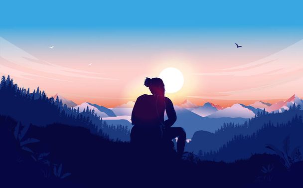 Woman relaxing in nature, sitting alone on hilltop watching the beautiful view of landscape. Enjoy wilderness, nature beauty and recreation concept. Vector illustration. - Vector, Image